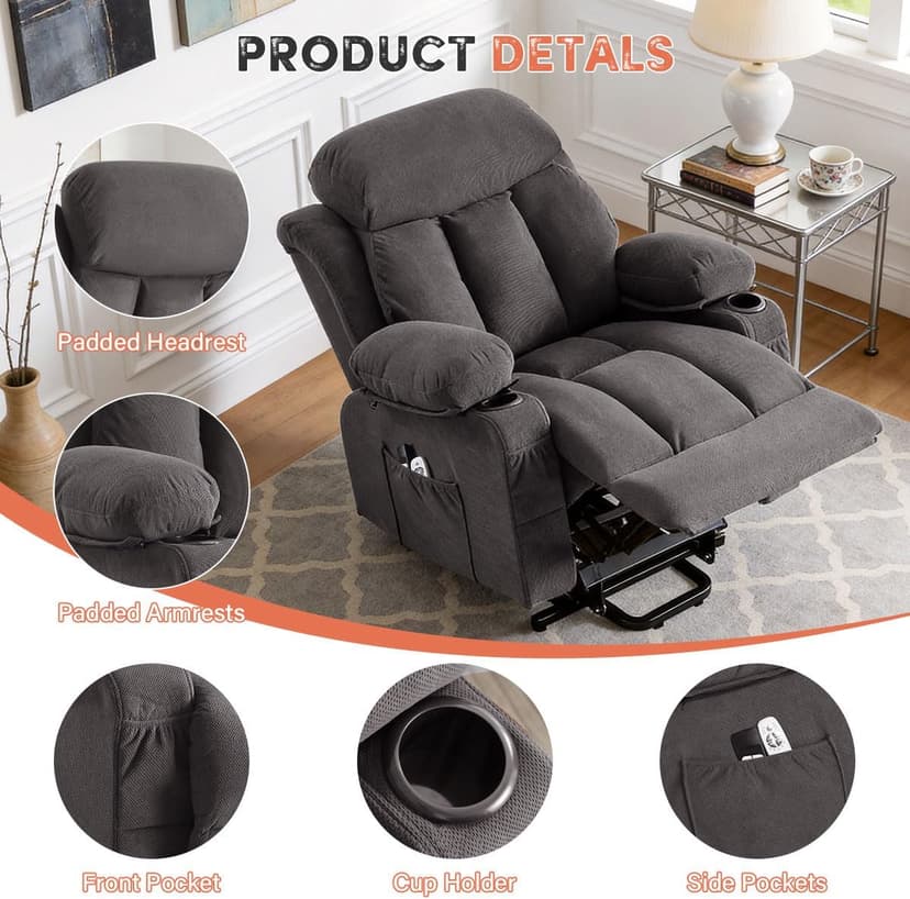 BOSMILLER Power Lift Recliner Chair with Massage and Heat for Elderly, Electric Recliner Single Sofa with Two Cup Holders, Extended Footrest, Side Pocket and USB Charge Port for Living Room