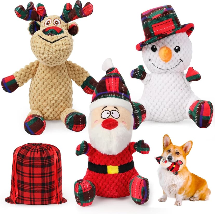 SZEE Dog Christmas Toys for Medium & Big Pets [3 Pack], Premium Dog Gifts, Christmas Doggy Plush Squeaky Chew Toys - Santa, Reindeer, Snowman B0DCMH5GY4