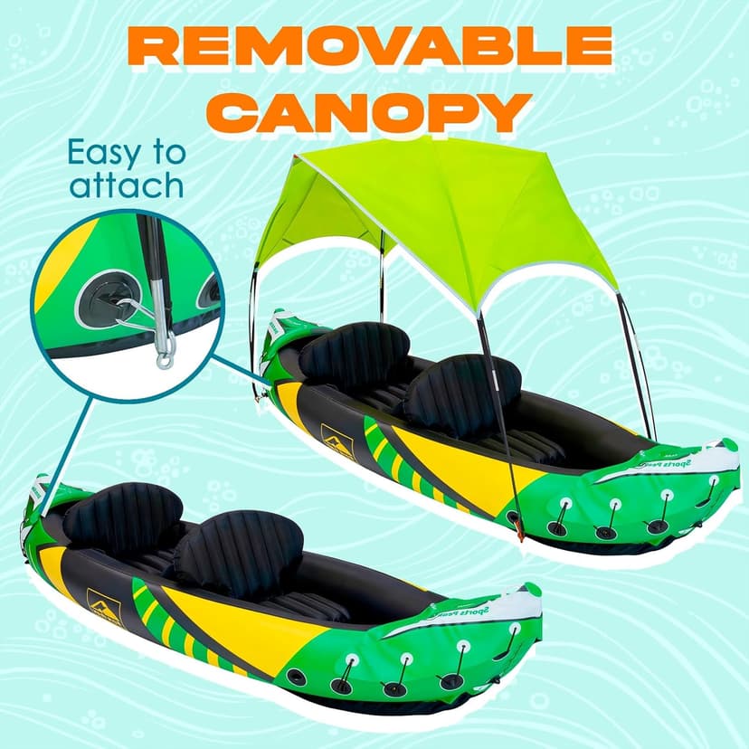 Inflatable Kayak 2 Person with Detachable Sun Canopy – Heavy-Duty Tandem Kayak for Adults – Reinforced Paddles, Waterproof Phone Bags, Adjustable Seats, Extra Seat for Dog or Child