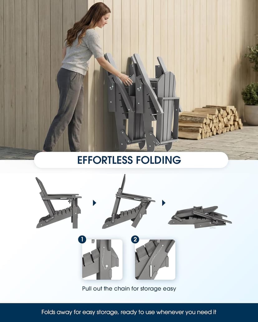 MUCHENGHY Folding Adirondack Chairs, Patio Chairs, Lawn Chairs, Outdoor Chair, Adirondack Chair Plastic, Fire Pit, Weather Resistant with Cup Holder for Deck, Backyard, Garden(Gray)