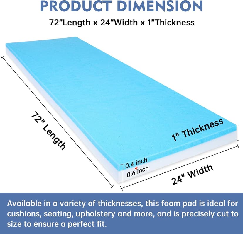 Upholstery Foam, 72" x 24" x 1" High Density Gel Memory Foam Padding Couch Cushion Support, Cut to Size Foam Replacement Pad for Sofa Sag Support