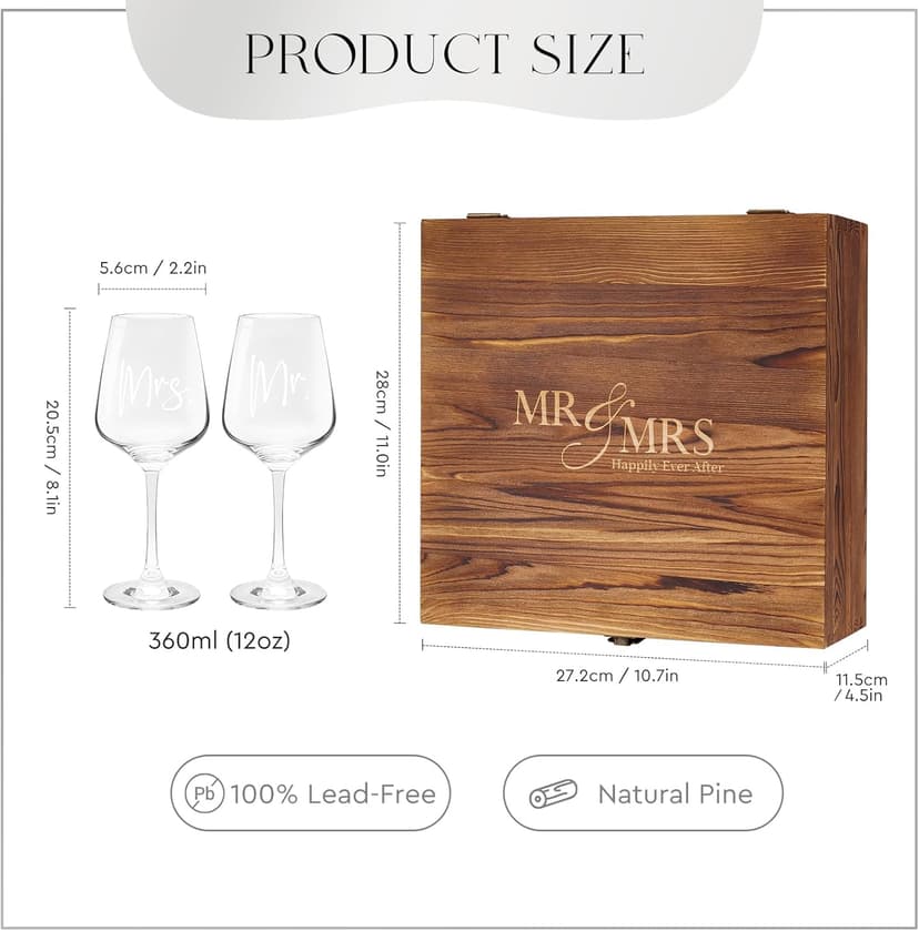AW BRIDAL Wedding Gifts Bridal Shower Gifts Engagement Gift for Couples Newlyweds Mr & Mrs Wedding Wine Glasses Set of 2 - Wine Opener Wine Stopper with Engraved Wooden Keepsake Box