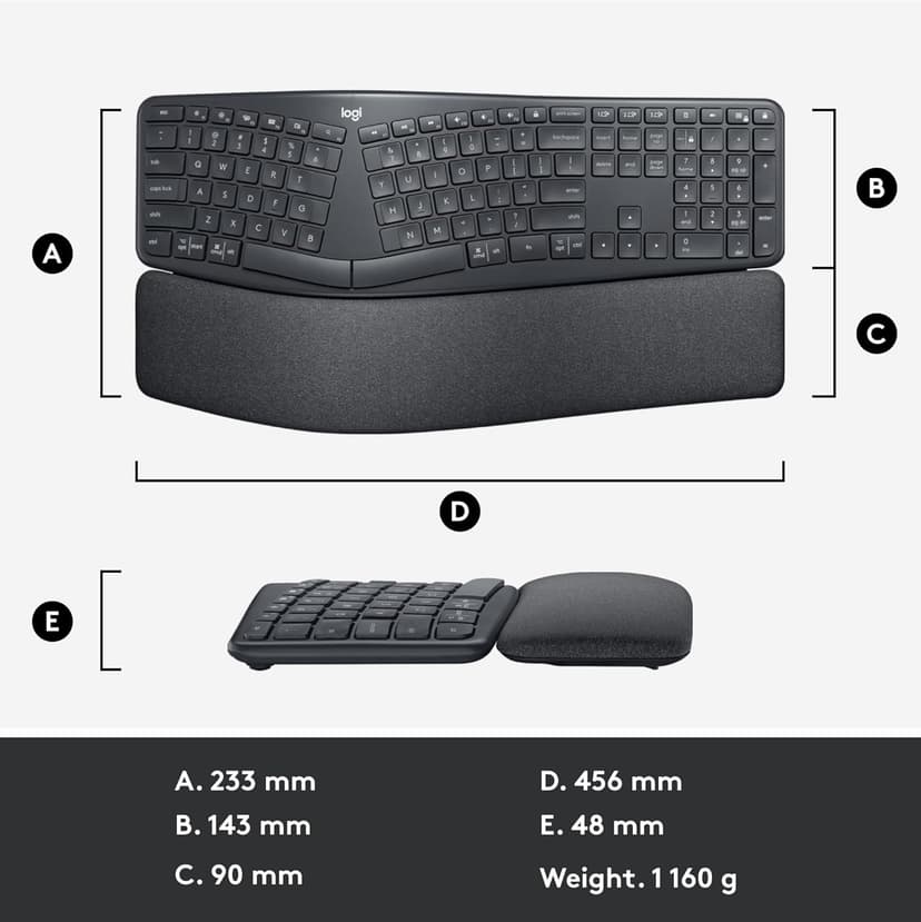 Logitech Ergo K860 Wireless Ergonomic Keyboard - Split Keyboard, Wrist Rest, Natural Typing, Stain-Resistant Fabric, Bluetooth and USB Connectivity, Compatible with Windows/Mac, Black