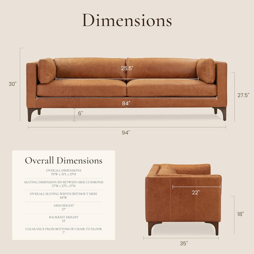 POLY & BARK Argan 93” Leather Sofa – Full-Grain Italian Aniline Leather, Feather-Down Comfort, Solid Wood Frame – Cognac Tan
