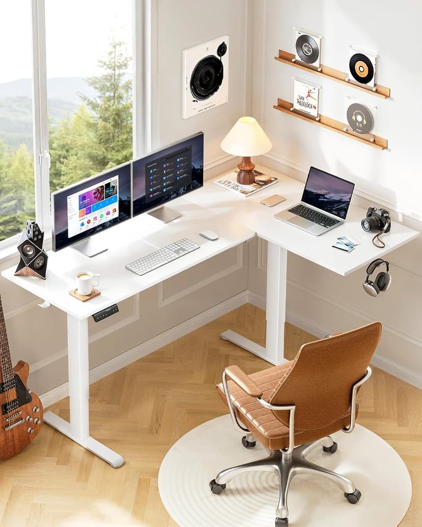 HUANUO L-Shaped Standing Desk, 63 x 40 inch Dual Motor Corner Standing Desk, Electric Height Adjustable Computer Desk with Cable Tray & 3 Preset Heights, Raising Desk for Home Office, White, HNESD109