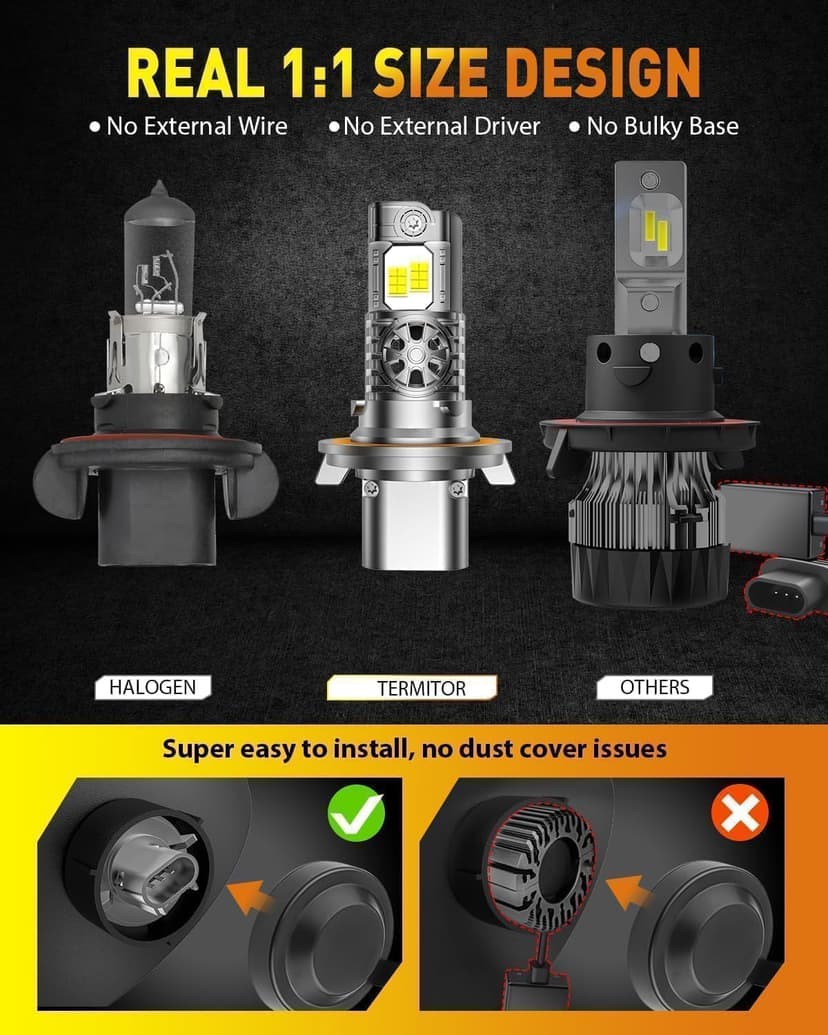 Termitor 2026 Upgraded 100,000LM 9008 H13 Bulbs, 15X Ultra-Bright, 6500K Pure White H13/9008 Light Conversion Kits, Easy Plug-N-Play Installation, IP68 Waterproof, Pack of 2