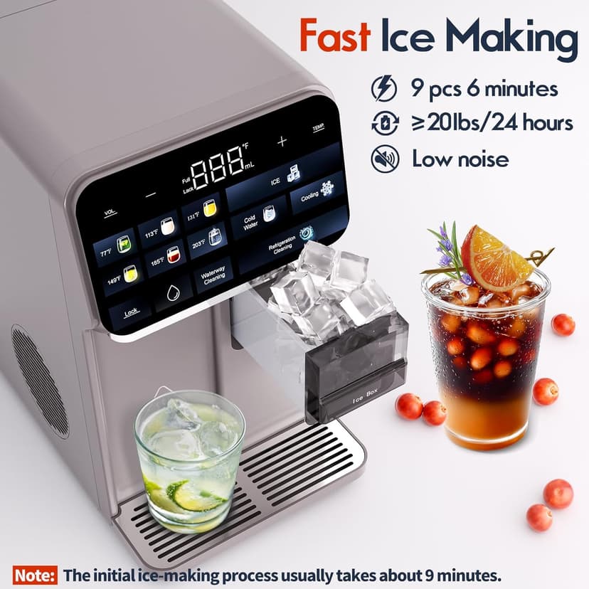 Ice Maker Water Filter Dispenser, 3 in1 Countertop Instant Hot & Cold Water, Ice Water Dispenser with ice Box, 7 Temperature & 5 Dispensing Volume Options Portable No Installation.
