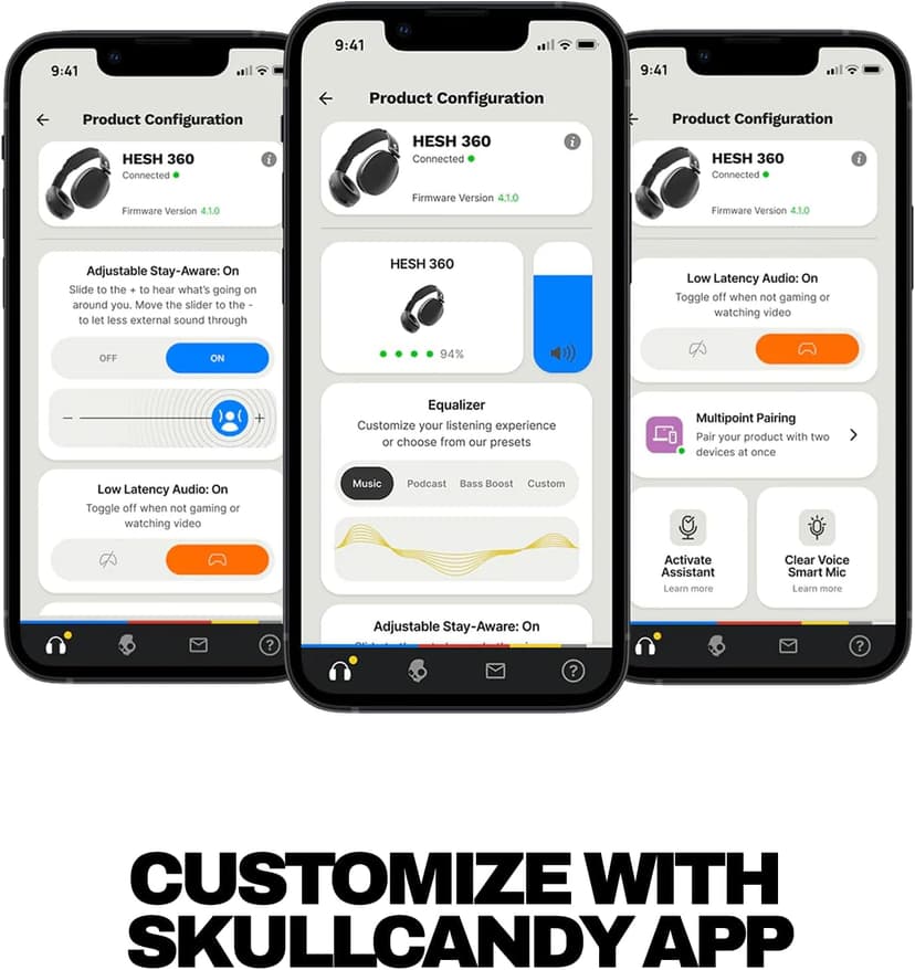 Skullcandy Hesh 360 Wireless Over-Ear Bluetooth Headphones, Up to 100 Hours Battery, Noise Isolating Fit, Flat-Folding Collapsible Design, Microphone iPhone Android - True Black