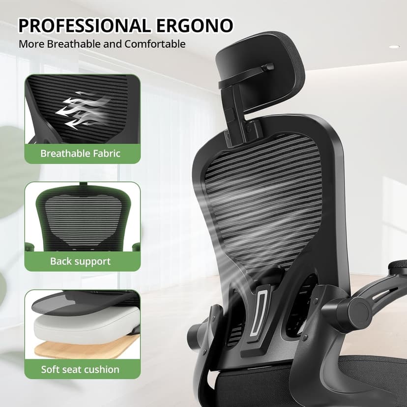 Office Chair Ergonomic Desk Chair, 330LBS Capacity, High Back Computer Chair for Long Hours Comfortable, Rolling Swivel Executive Task Chair for Home Office with Flip-up Armrests, Black