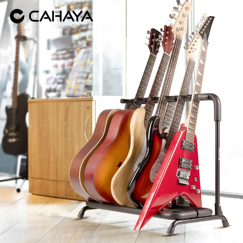 CAHAYA Multi Guitar Rack: Acoustic Guitar Display Rack 5 Holder Thick Padding Guitar Rack Holder Floor Stand for Classical Acoustic Electric Guitars and Bass CY0345