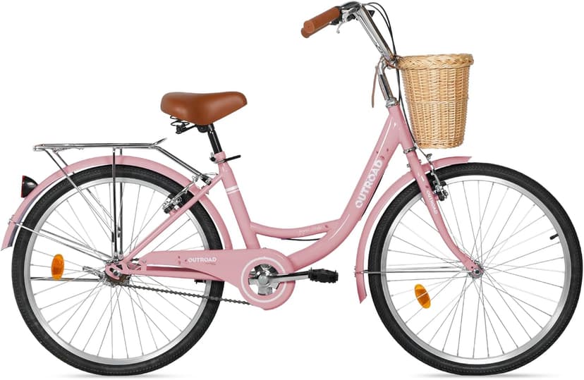 Beach Cruiser Bike for Adult, 24 & 26 Inch Comfort Bikes with Rattan Front Basket, Womens Bicycle with Adjustable Seat and Dual V-Brake (Pink & White & Green & Purple & Black)