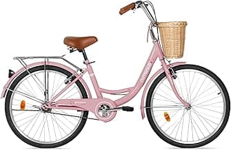 Beach Cruiser Bike for Adult, 24 & 26 Inch Comfort Bikes with Rattan Front Basket, Womens Bicycle with Adjustable Seat and Dual V-Brake (Pink & White & Green & Purple & Black)