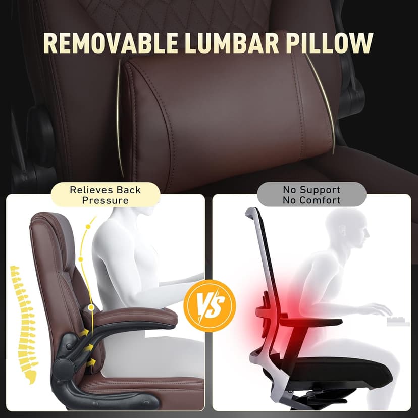 Home Office Chair with Lumbar Support, 5" Thickened Seat, Small PU Leather Rocking Desk Chair, Comfy Computer Chairs with Rolling Wheels & Adjustable Armrests for Adults, Brown