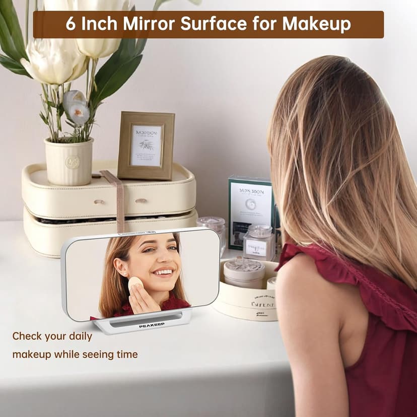 Peakeep Slim Digital Mirror Aesthetic Alarm Clock for Bedrooms Desk Decor, Plug in Electric Big LED Modern Small Clock for Office Living Room, Battery Backup, 6 Dimmers (White)