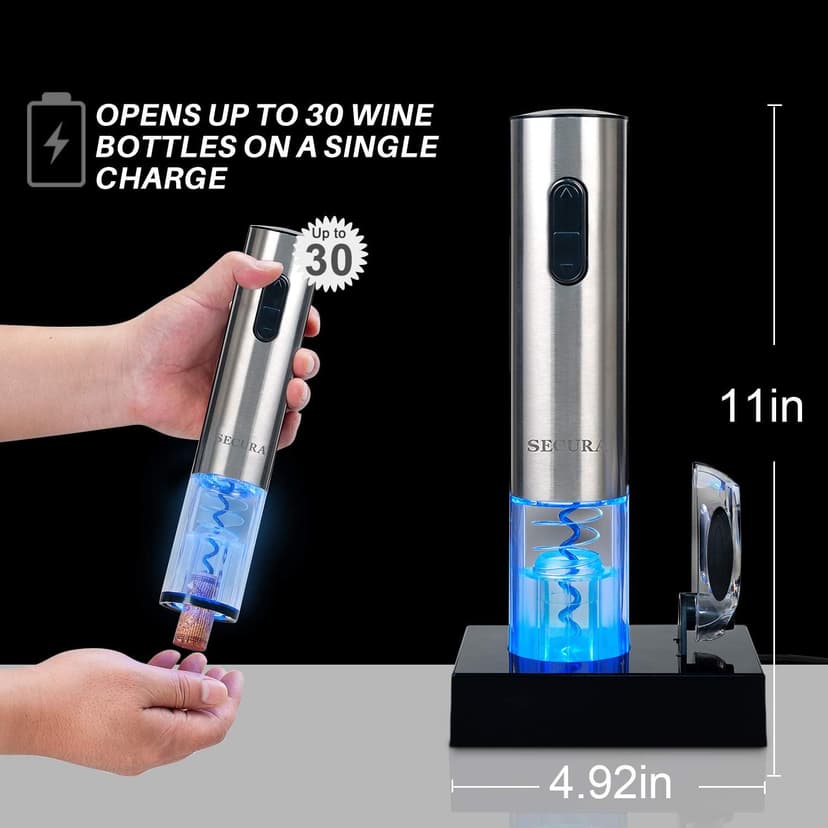 Secura Electric Wine Opener, Automatic Electric Wine Bottle Corkscrew Opener with Foil Cutter, Rechargeable (Stainless Steel) B01261VEOG