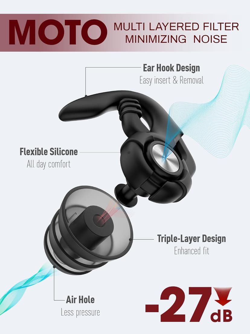 Motorcycle Earplugs, Wind Noise Reduction - Moto Hearing Protection, Reusable Ear Plugs for Motorbike, Motorsports, Touring, Racing, Riding - 2 Sizes, 27dB Noise Reduction Earbuds