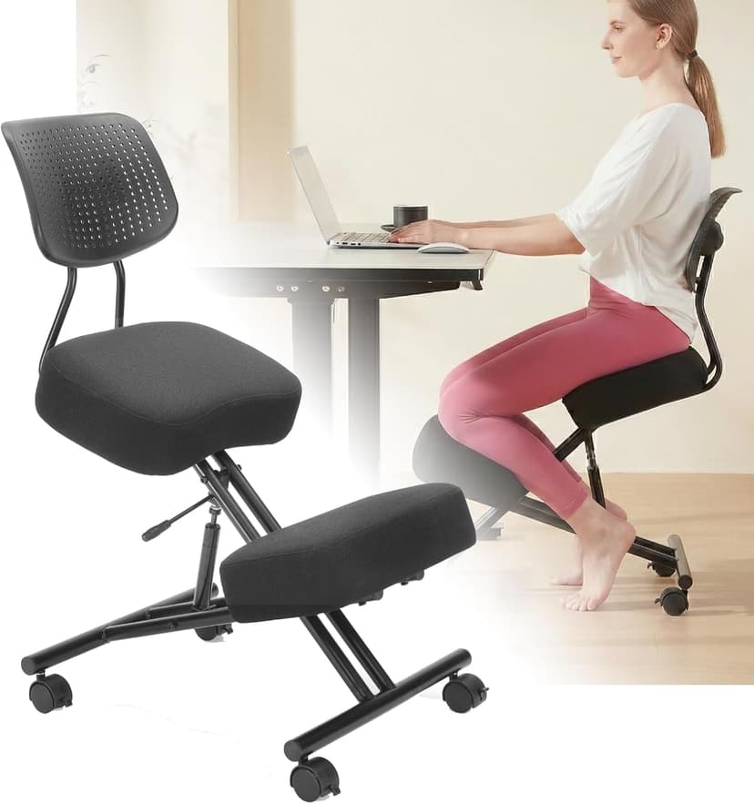 Kneeling Chairs with Backrest Linen Ergonomic Home Office Chair Adjustable Height Seat Rolling Wheels Comfort Thick Cushion Work Stool Improve Posture Chair