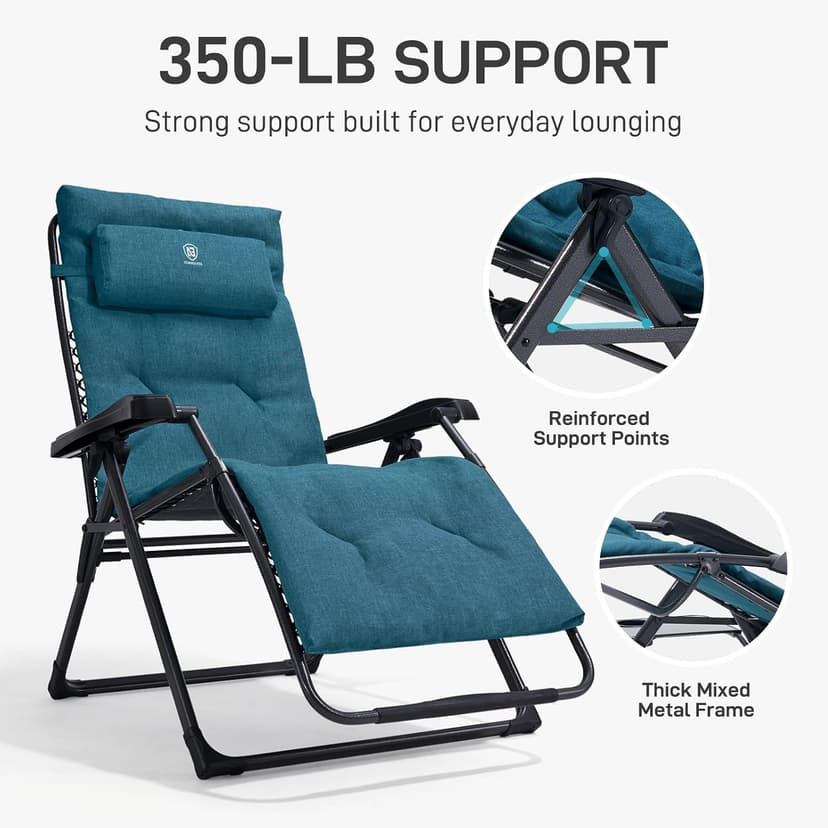 EVER ADVANCED Thick Padded Zero Gravity Chair, Oversized Reclining Lounge Chair with Adjustable Headrest & Cup Holder, Heavy Duty Support 350 lbs, Foldable for Camping, Lawn, Outdoor & Indoor, Green