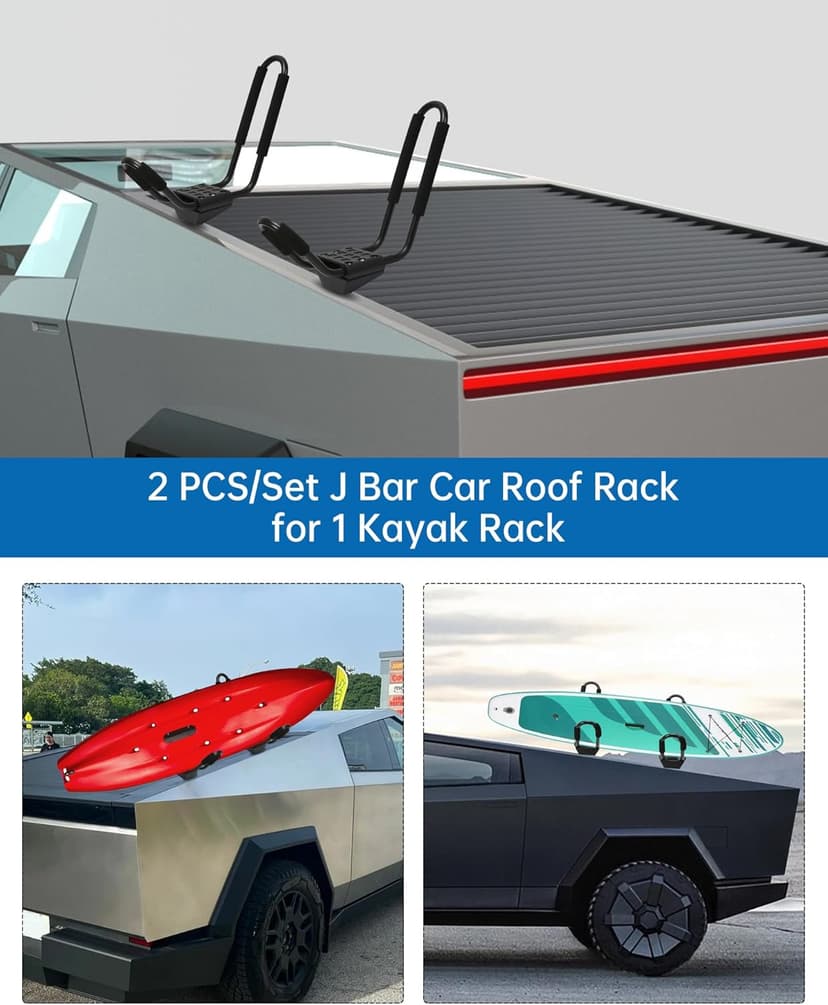 Kayak Roof Racks for 2 Kayaks Compatible with Cybertruck - Heavy Duty Kayak Rack Include Two Sets of Straps for Cars, Easy to Mount J-Bar Style Carriers for Canoes Kayaks Paddle Boards and Surfski