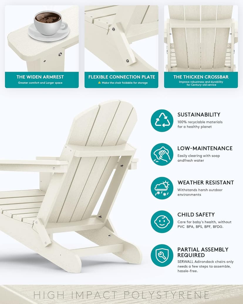 SERWALL Folding Adirondack Chair Set of 2, All Weather Patio Chair with Wood Texture, Fire Pit Chairs for Outdoor - White