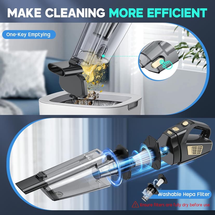 CKIKH Handheld Vacuum Cordless, 15000PA Strong Suction Hand Held Car Vacuum Cleaner Portable with Multi-Nozzles & Washable Filter, Lightweight Dust Busters Rechargeable for Home, Car, Office, Pets