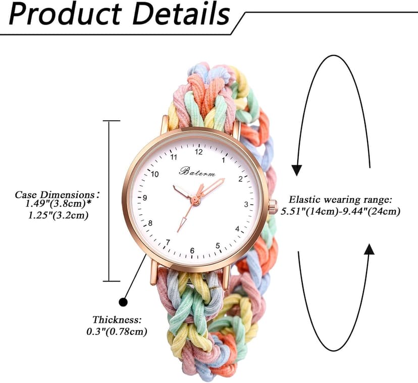 JewelryWe Womens Stretch Band Watches: Analog Quartz Elastic Watch Colorful Weave Rope Expansion Band Wristwatch for Valentine's Day