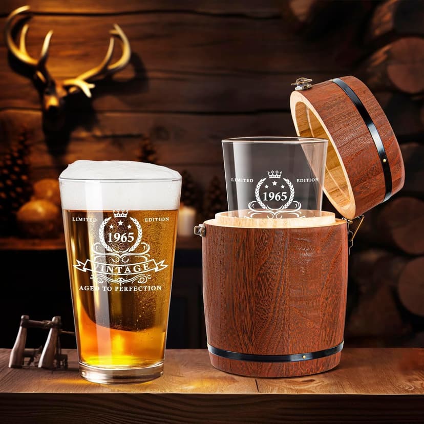 LIGHTEN LIFE 60th Birthday Gifts for Men 16oz,1965 Beer Glass in Barrel Box,60th Birthday Beer Glass,1965 Pint for 60 Years Old Dad,Husband