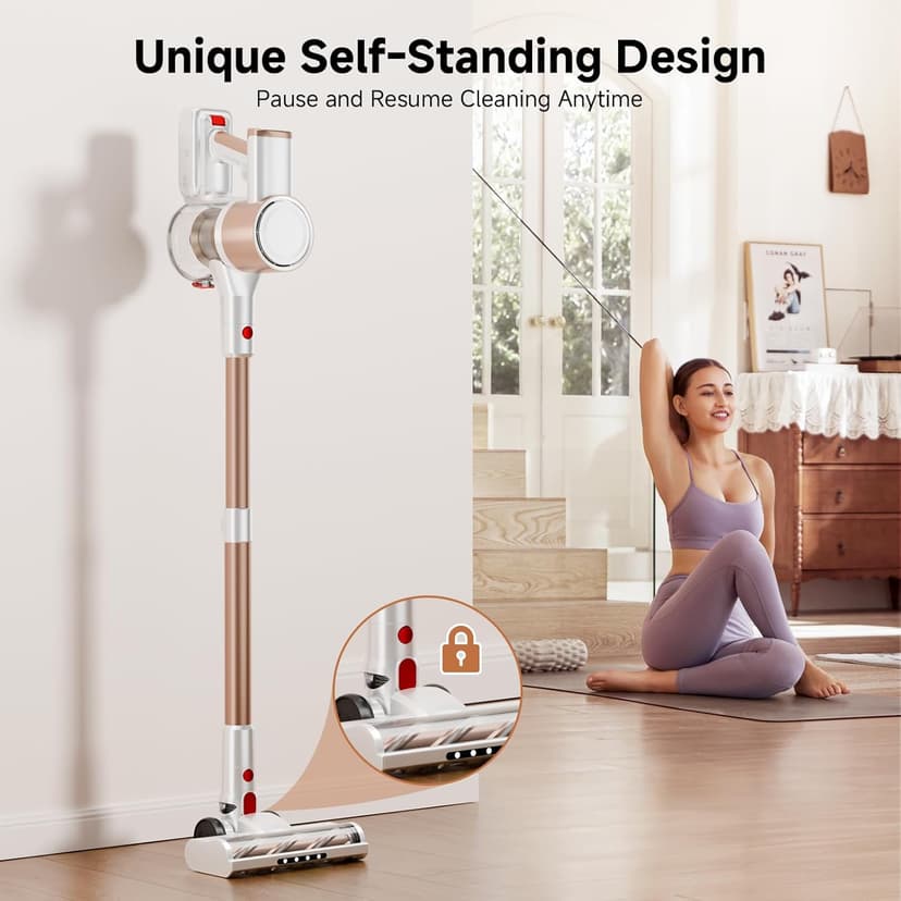 Honki Cordless Vacuum Cleaner, 500W/40Kpa Vacuum Cleaners for Home, Stick Vacuum Cordless with LED Display, Anti-Tangle & Wall Mount, 8 in 1 Lightweight Vacuum for Hard Floors Pet Hair(Gold)