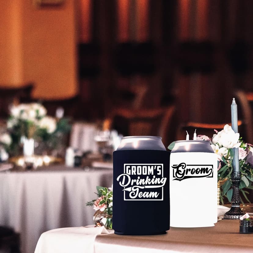 Veracco Groom's Drinking Team Can Coolie Holder Bachelor Party Wedding Favors Gift For Groomsmen Proposal (12, Wht Groom, Blk DT)