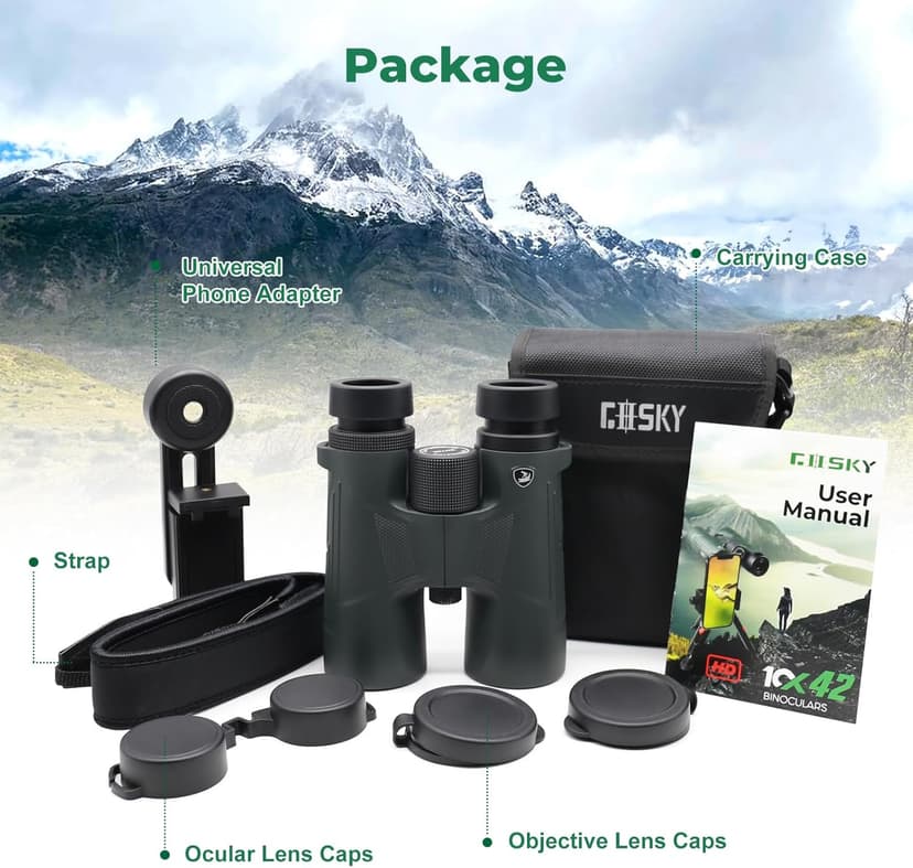 Gosky 10X42 HD Binoculars for Adults with Phone Adapter, High Power Binoculars with BAK4 Prism and FMC Lens, Waterproof Binocular for Bird Watching Hunting Traveling Outdoor Sports