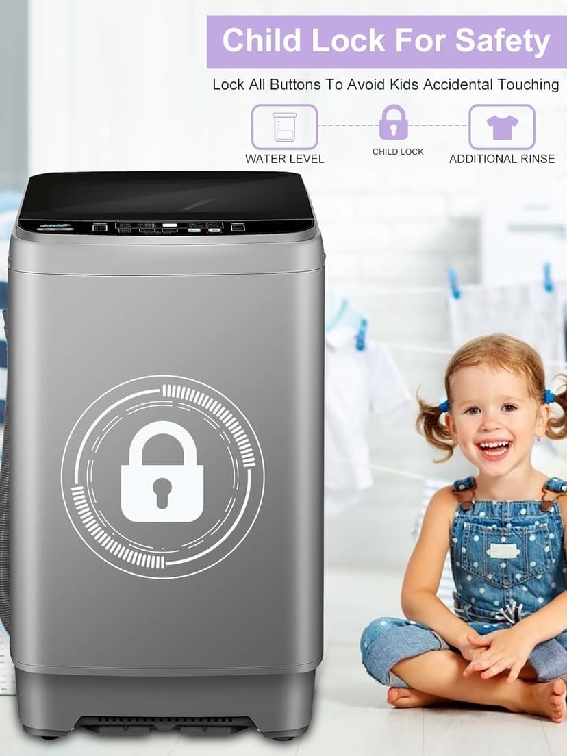 Full-Automatic Washing Machine 25 lbs Portable Washer 10 Wash Program & 8 Water Level with LED Display，Drain Pump, Come with a Glass Cover, Ideal for Apartments, RV, Camping, Grey