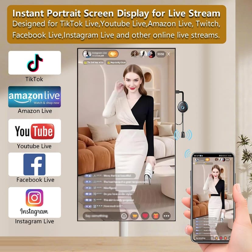 Wireless Display Adapter Designed for Multimedia Live Streaming Broadcast with Landscape/Portrait Screen Display Perfect for TikTok,YouTube,Amazon Live