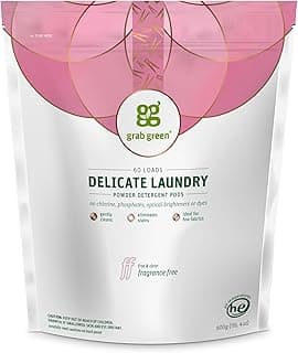 Grab Green Delicate Laundry Detergent Pods, 60 Count, Fragrance Free, Plant and Mineral Based, Superior Cleaning Power, Stain Remover, Brightens Clothes
