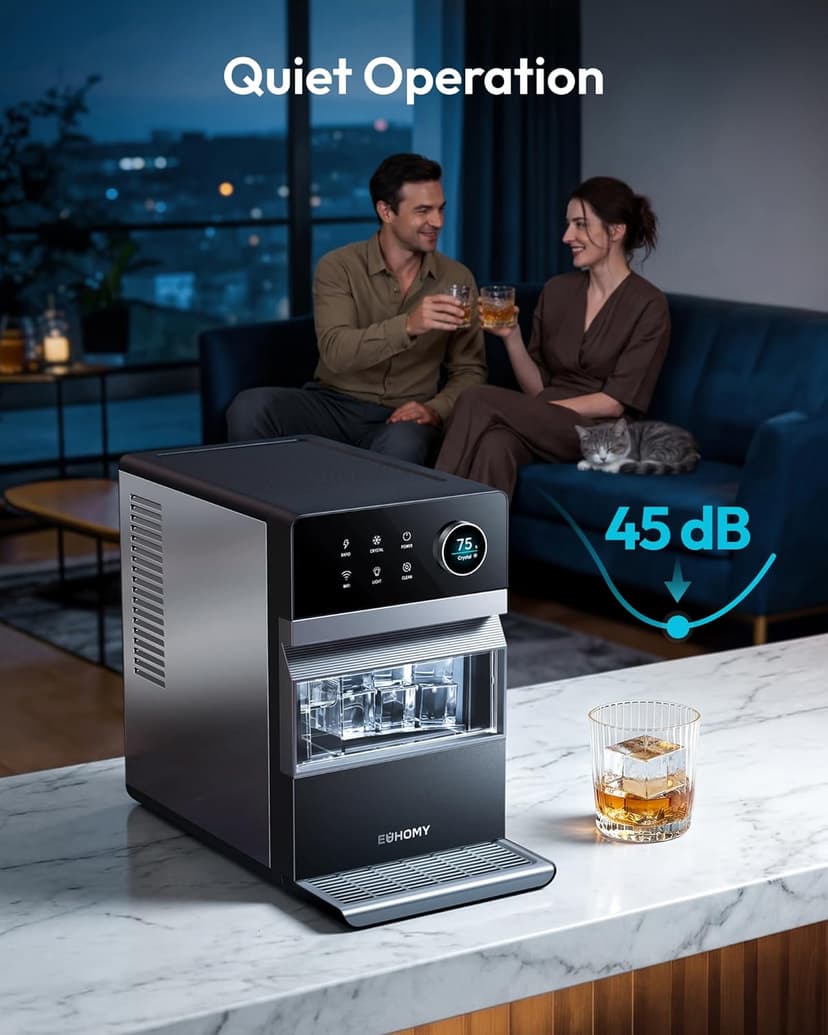 EUHOMY 2'' Clear Ice Cube Maker Countertop with APP, 2 Square Ice Ready in 27 Mins for Whiskey, Slow-Melting & Self-Cleaning, 110 Pcs/Day, 24H Timer, Clear Ice Maker with Ice Tong for Home/Bar/Party