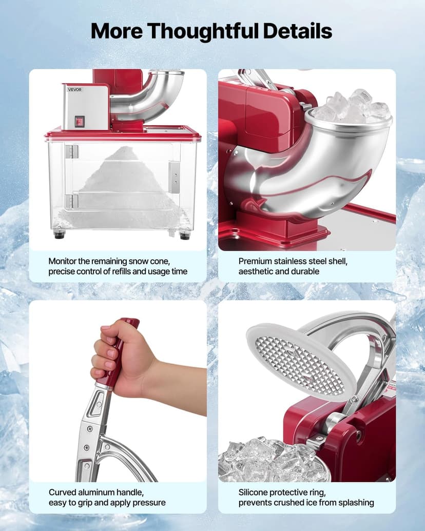 VEVOR Commercial Ice Crusher 661LBS/H, 350W Electric Snow Cone Machine with 4 Blades, 2000RPM Stainless Steel Shaved Ice Machine with 11 Gal Crushed-Ice Box, for Family Restaurants Bars, Red
