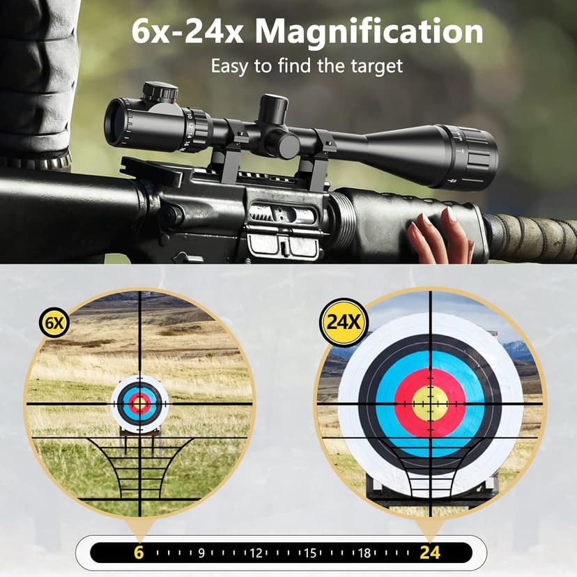 CVLIFE Rifle Scope 6-24x50 AO Red and Green Illuminated Long Range Scope for Hunting with Scope Rings