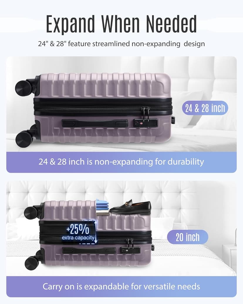 LIGHT FLIGHT Luggage Sets, 3 Piece Durable Suitcase Set with Spinner Wheels, 3 Pcs Hardside Lightweight luggage with TSA Lock, Large Checked Travel Suitcases, 20/24/28 Inch, Rose Purple