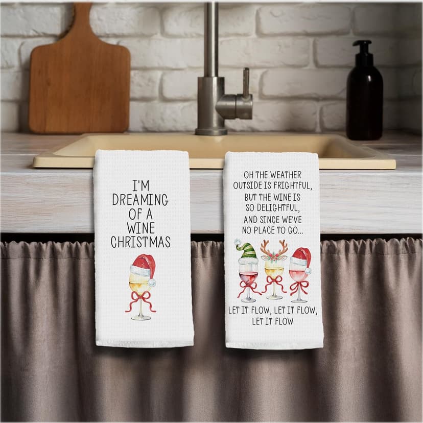 Funny Christmas Wine Kitchen Towels, Gifts for Wine Lovers Dish Tea Towels for Kitchen Bar Cart Decor, Winter Holiday Xmas Wines Decorative Hand Towel, 16x24 Inch Set of 2