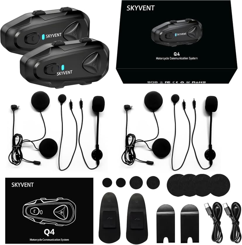 Q4 Motorcycle Bluetooth Communication System Headset Intercom, 4 Riders 1500m Music Sharing, FM, Noise Cancellation, IP65 Waterproof, Dual Pack (Q4)