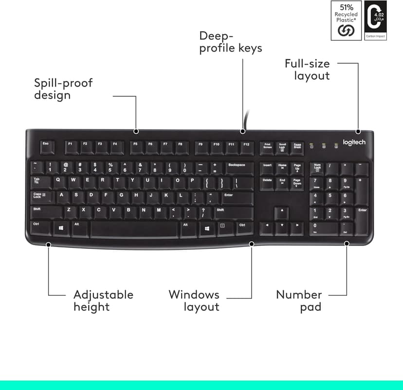 Logitech K120 Wired Keyboard for Windows, USB Plug-and-Play, Full-Size, Spill-Resistant, Curved Space Bar, Compatible with PC, Laptop - Black