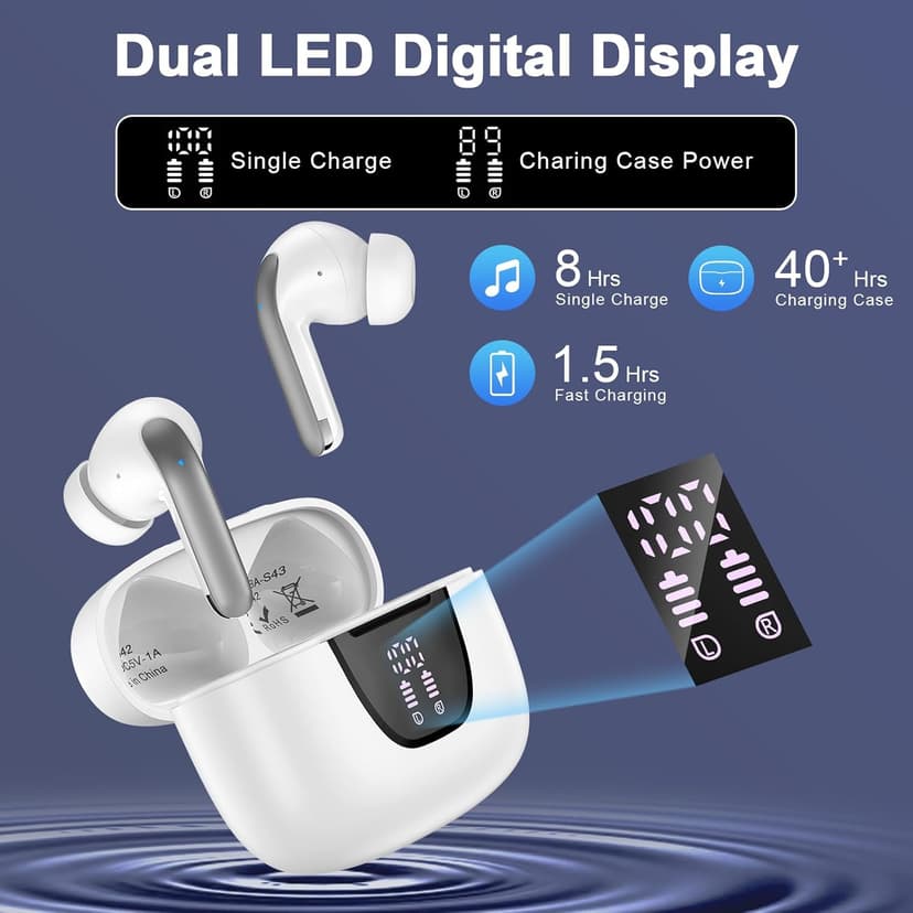 Wireless Bluetooth 5.3 Earbuds for iPhone 17 Pro Max Air 16 Pro 16e 15 Plus Pixel 10 9 8 Pro XL 9a 8a 7 Bluetooth Headphones 60H Playback LED Power Display in Ear Earphones with Microphone for Sports