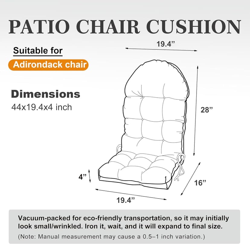 Adirondack Chair Cushion, Rocking Chair Cushion 44x19.4x4 inch, High Back Patio Cushions of Upper and Lower with Ties, Sunscreen and Fade-Resistant (Beige, 2)