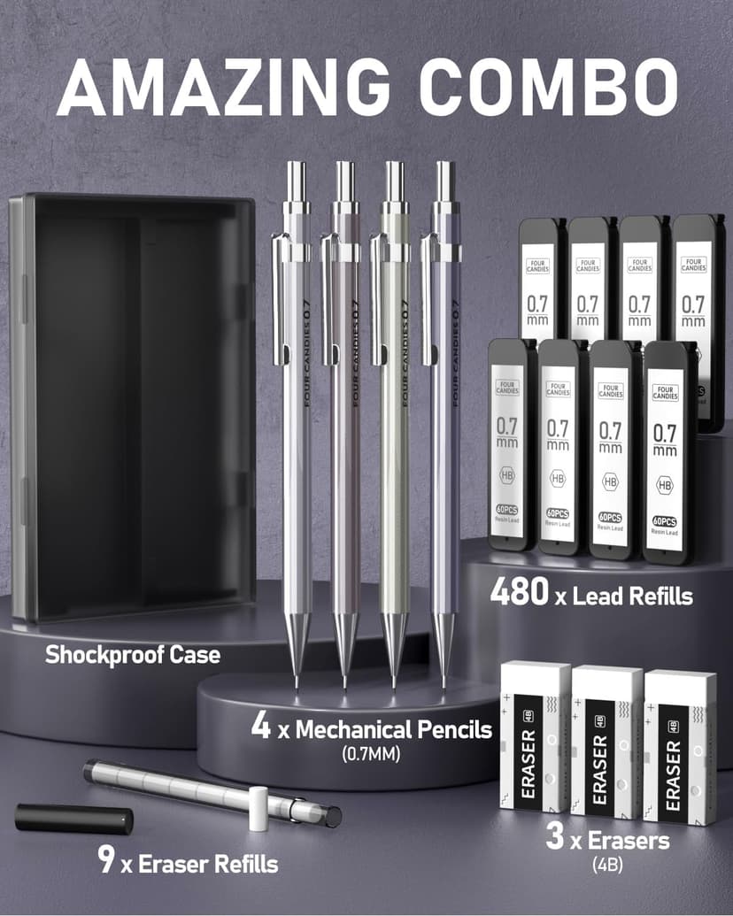 Four Candies 0.7mm Mechanical Pencil Set with Case - 4PCS Metal Mechanical Pencils, 8 Tubes HB #2 Lead Refills, 3PCS 4B Erasers and 9PCS Eraser Refills, Lead Mechanical Pencils for Writing & Drawing