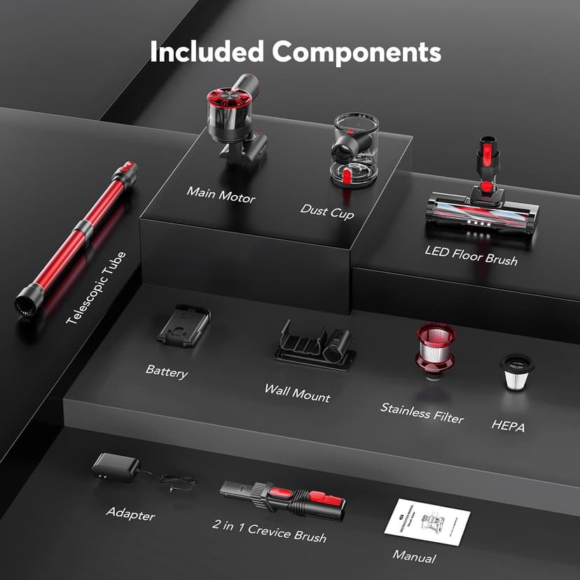 Comvtu Cordless Vacuum Cleaner for Home, 80,000PRM Powerful 4 in 1 Lightweight Stick Vacuum with 2 Adjustable Suctions, Max 40 Mins Runtime, 2600mAh Rechargeable Vacuum Cleaners (Red Hibiscus)