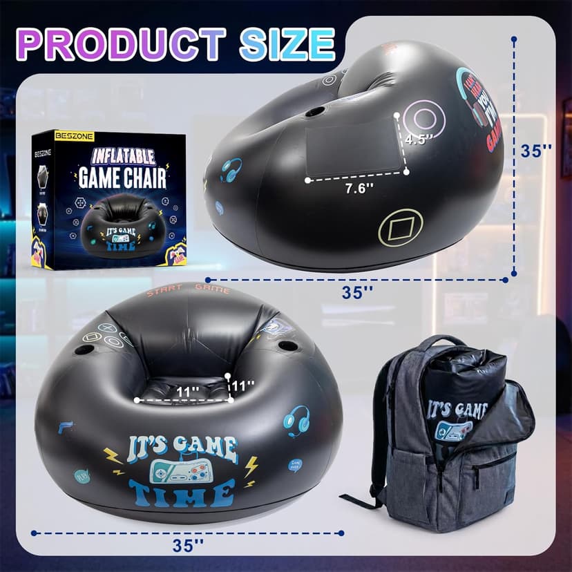 Inflatable Gaming Chair for Kids and Teens with Cup Holders and Side Pocket, Blow Up Bean Bag Gaming Chair for Boys, Comfortable Inflatable Lounge Seat for Gamer Room Decor and Boys Room Furniture