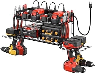 CCCEI Garage Tools Storage with Charging Station. Power Tool Battery Organizer Utility Shelf with Power Strip. 4 Drills Holder Wall Mount Rack, Black.