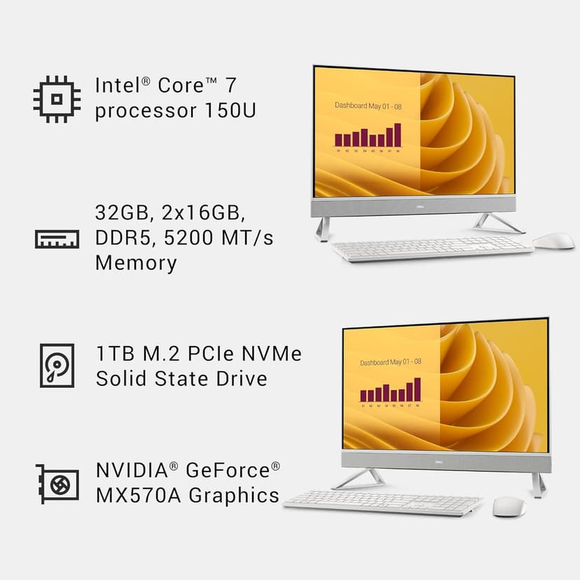 Dell 27 All-in-One Desktop ec27250-27-inch FHD Touch Display, Intel Core 7 Processor 150U, NVIDIA GeForce MX570A 2GB GDDR6 Graphics, 32GB DDR5 RAM, 1TB SSD, Windows 11 Pro, Onsite Service - White