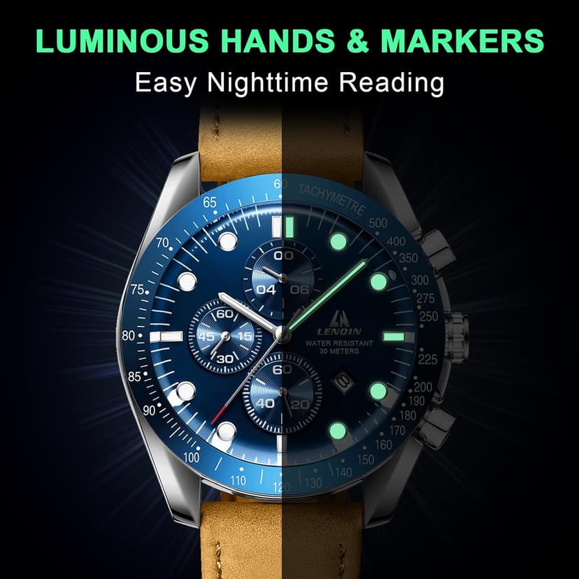 LN LENQIN Mens Watches Leather Watch Analog Quartz Watch for Men Luminous Luxury Fashion Business Casual 30M Waterproof Men's Wrist Watches with Date