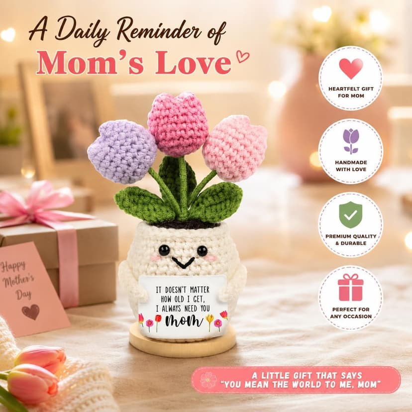 Handmade Positive Tulip Flower Crochet Teacher Appreciation Gifts-Delicate Crochet Flowers Doll, Inspirational Gift Knitted Potted Flowers Desk Decor, Thank You for Women, End of Year Teacher Gifts B0H2WDH3M5