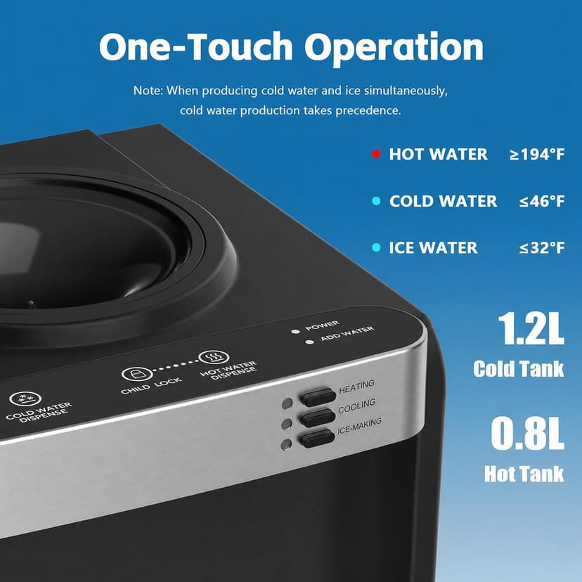 4 in 1 Water Cooler Dispenser with Ice Maker, Hot & Cold Water Dispenser for Home & Office, 33lbs/24H Bullet Ice, Top Loading 3-5 Gallon, Child Safety Lock, Ice Ready in 7 Mins (Black)